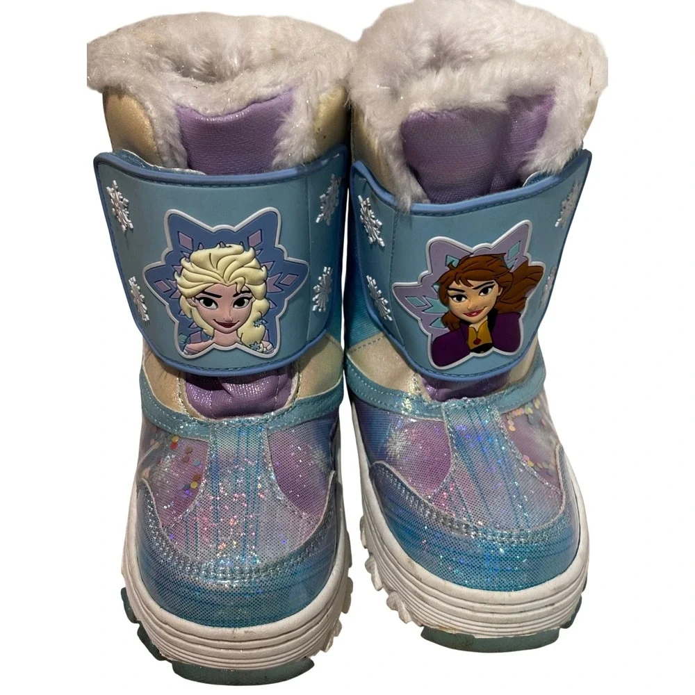 Disney Frozen Anna Elsa Blue Purple Glitter Faux Fur Snow Boots Girls Size 10